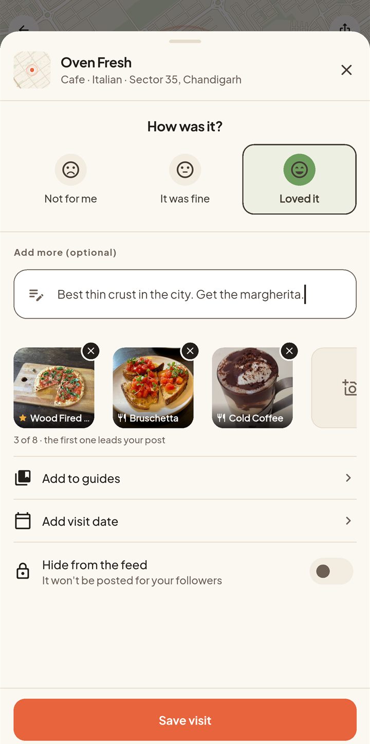 Logging a visit: loved it, three dish photos and a note